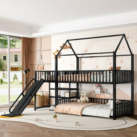 House Bunk Bed with Slide, Twin Metal Bunk Bed with Storage Stairs & Safety Rails, Playful House-Shaped Loft Bed for Fun and Sleep, Black