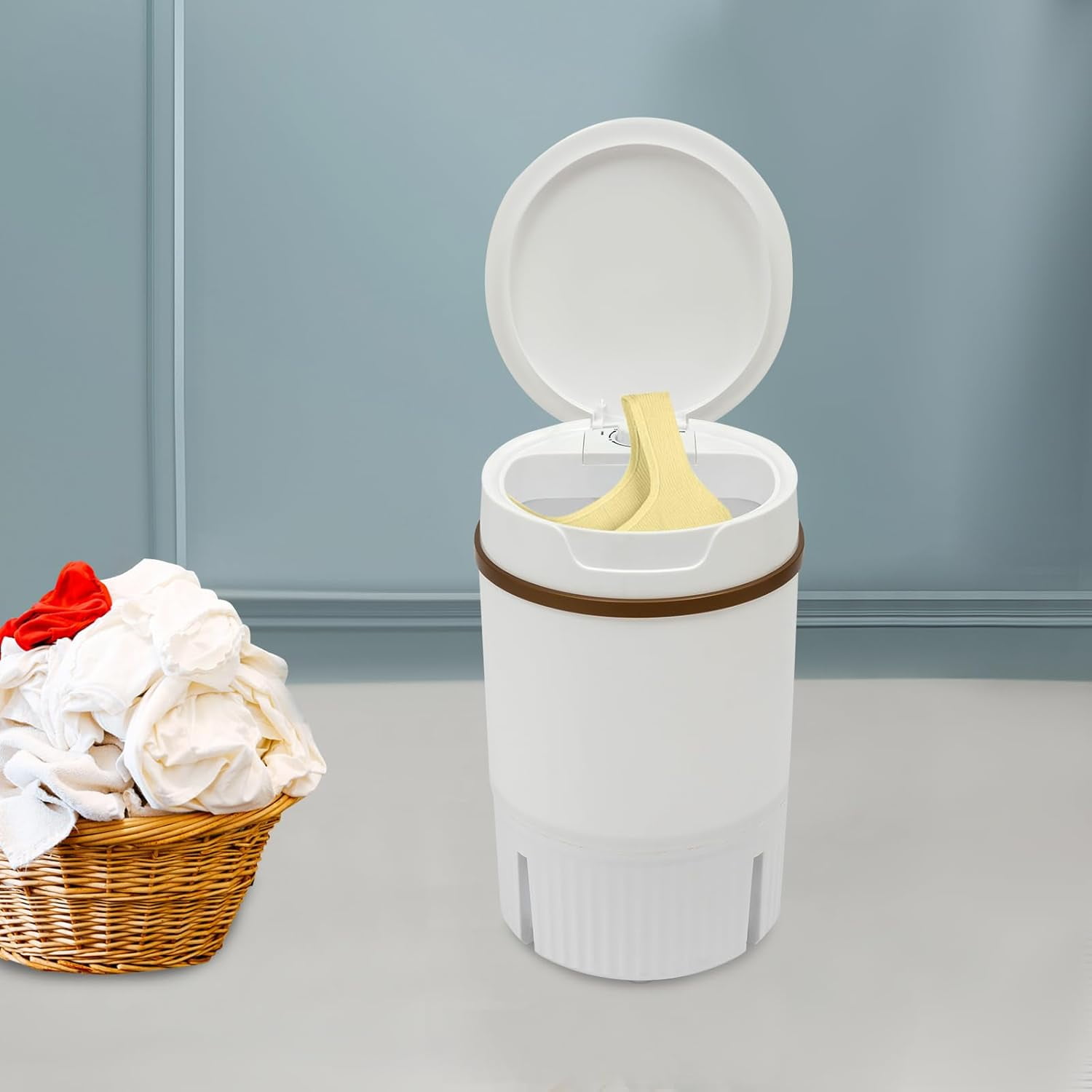 Mini Portable Washing Machine with Removable Dehydration Basket Cleaning of Underwear Clothes 1.19gal Folding Washer for Apartments Camping RV Travel Laundry (White)