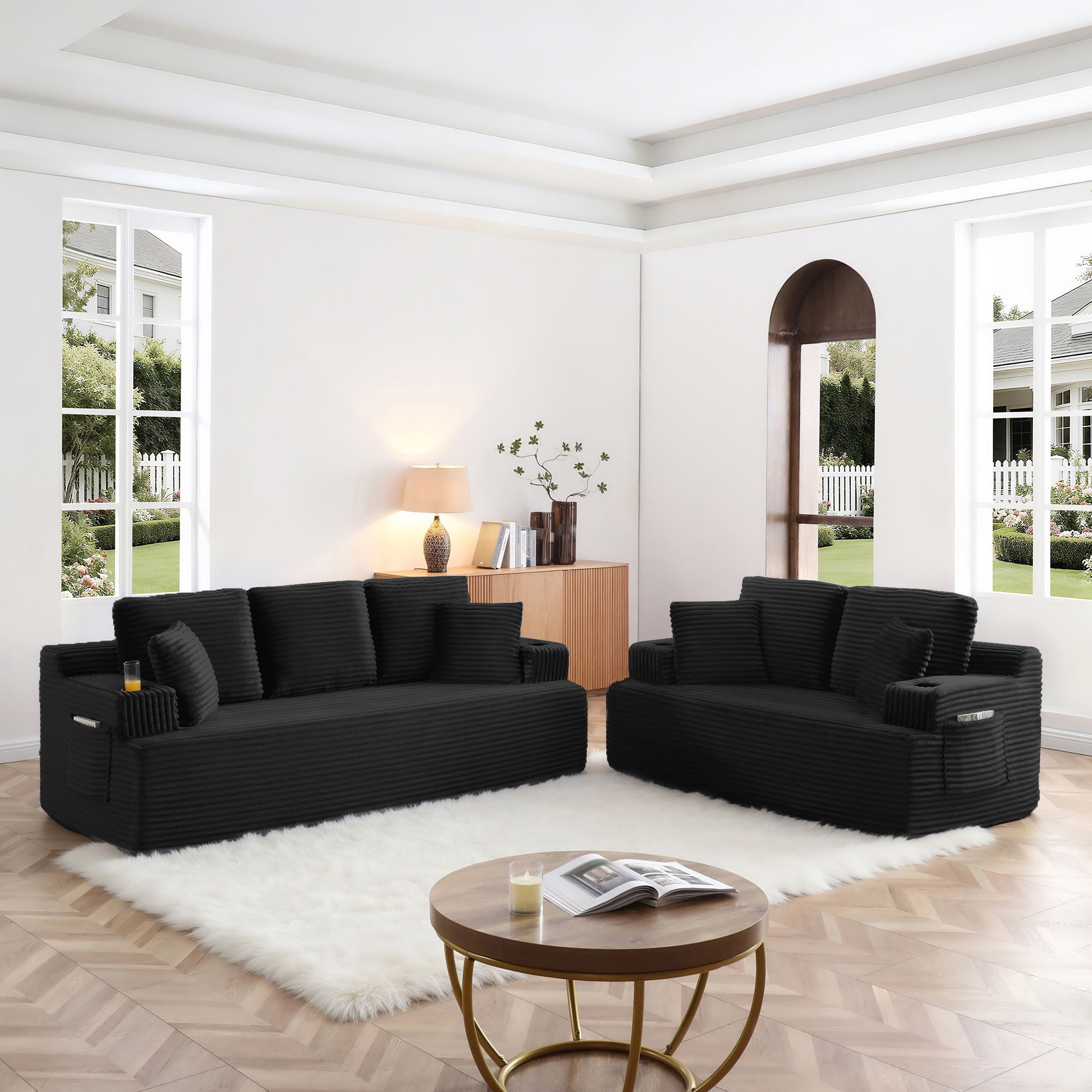Boneless Sofa, 3-Seater Floor Couch with Cup Holders and Side Pockets, Corduroy Fabric No Assembly Sofa for Living Room or Dorm, 86.2 Inch, Black