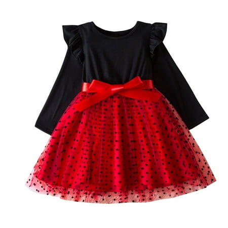 

LNWUY (2-7 Years Old) Girls Fashion Flying Sleeves Spring and Autumn Lace Neckline Princess Skirt Long-Sleeved Round Neck Dress Red 6 Years