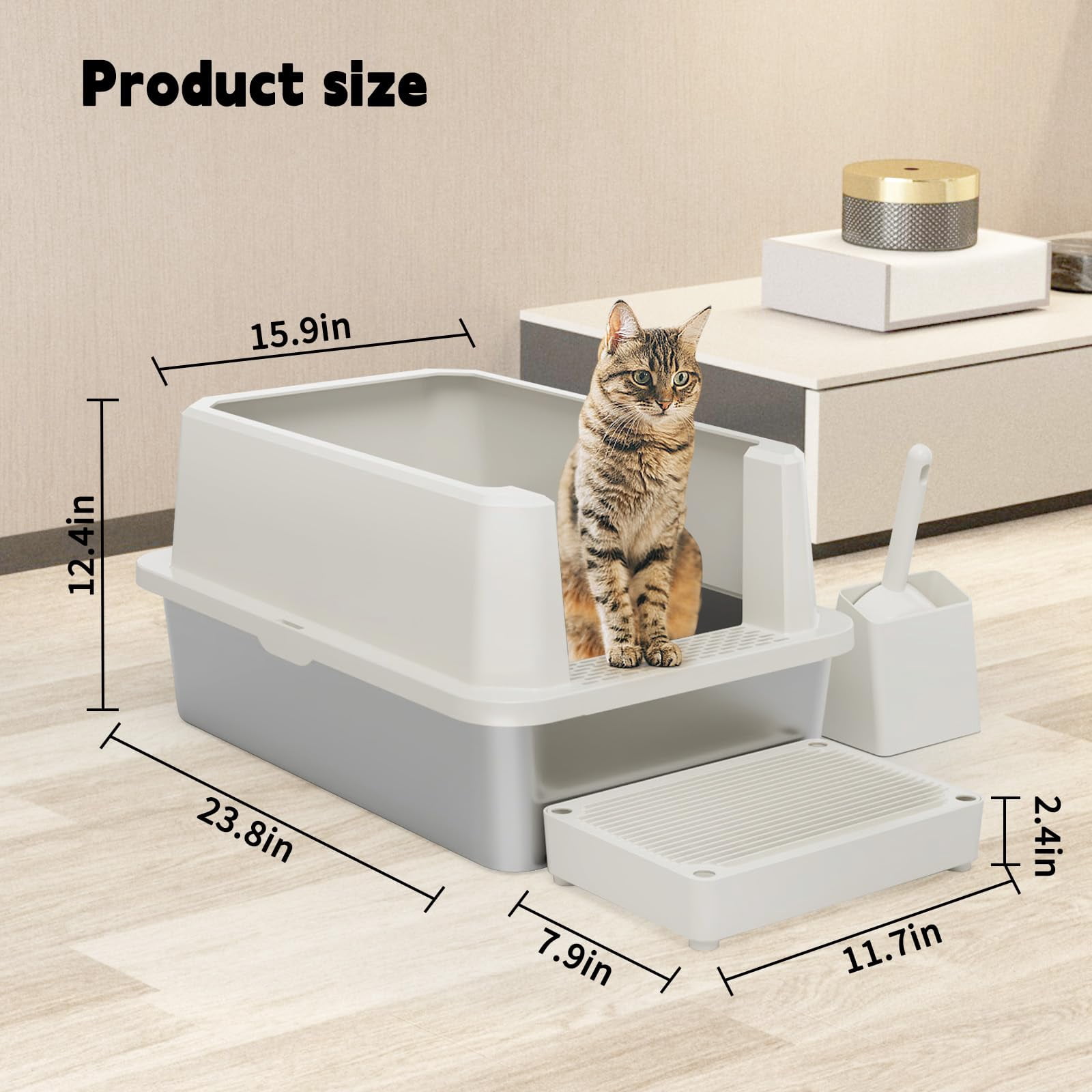Open Cat Litter Box: Large Beige Stainless Steel Pan 23.8" X 15.9" 12.4" - High Sided Splash-proof Easy Clean Toilet For Cats Up To 20 Lbs Ideal Laundry Areas Apartments