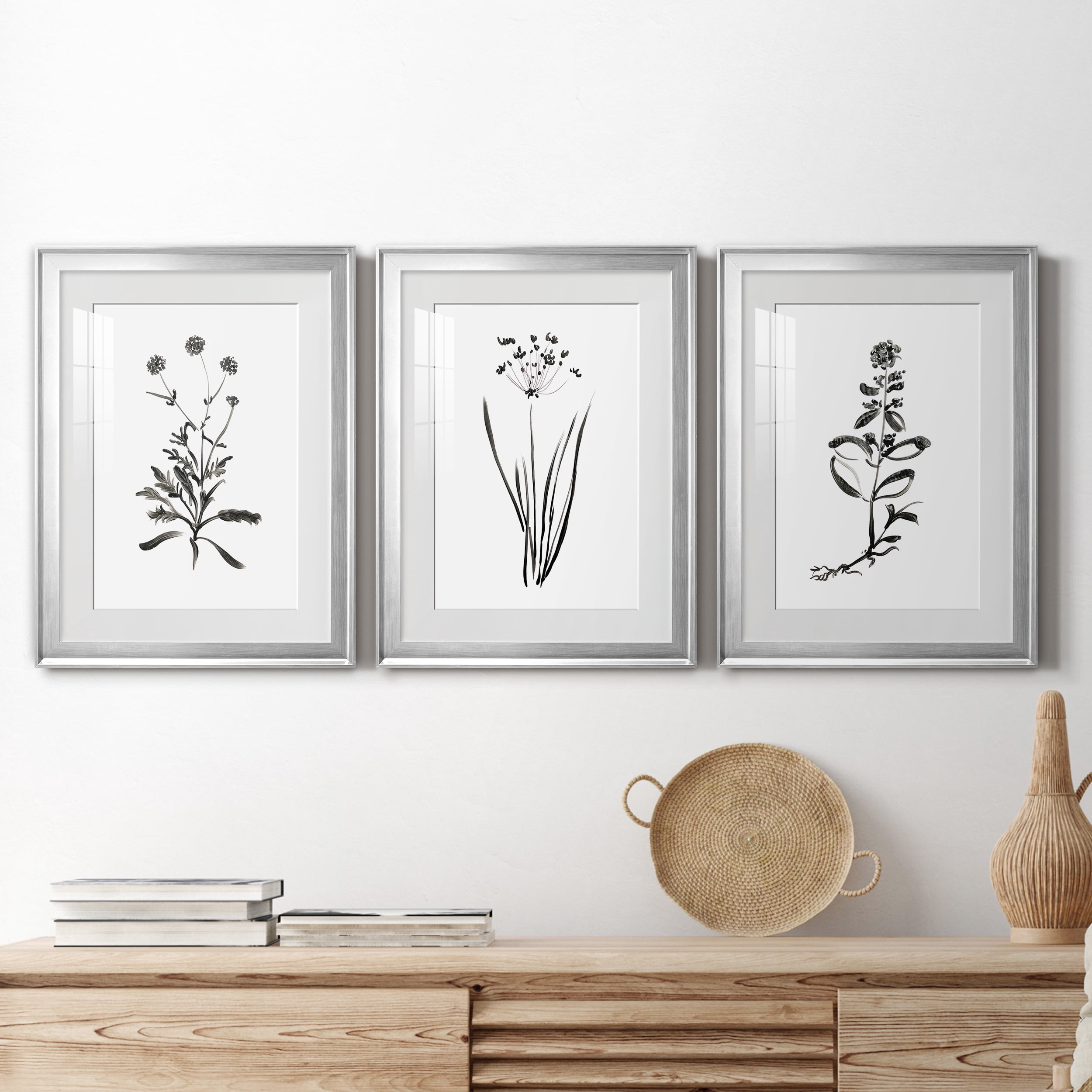 Inky Botanical I Premium Framed Prints Set of 3 - Ready to Hang - 18 x 24 Each - Silver Frame