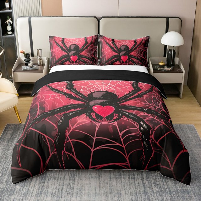 Erosebridal Housse de Couette 3D Araignée 100 % Coton Format Simple, Ensembles de Literie Rouge et Noir Format Simple, Déco Cœur d'Amour, Réversible 2 Pcs (Sans Couette)