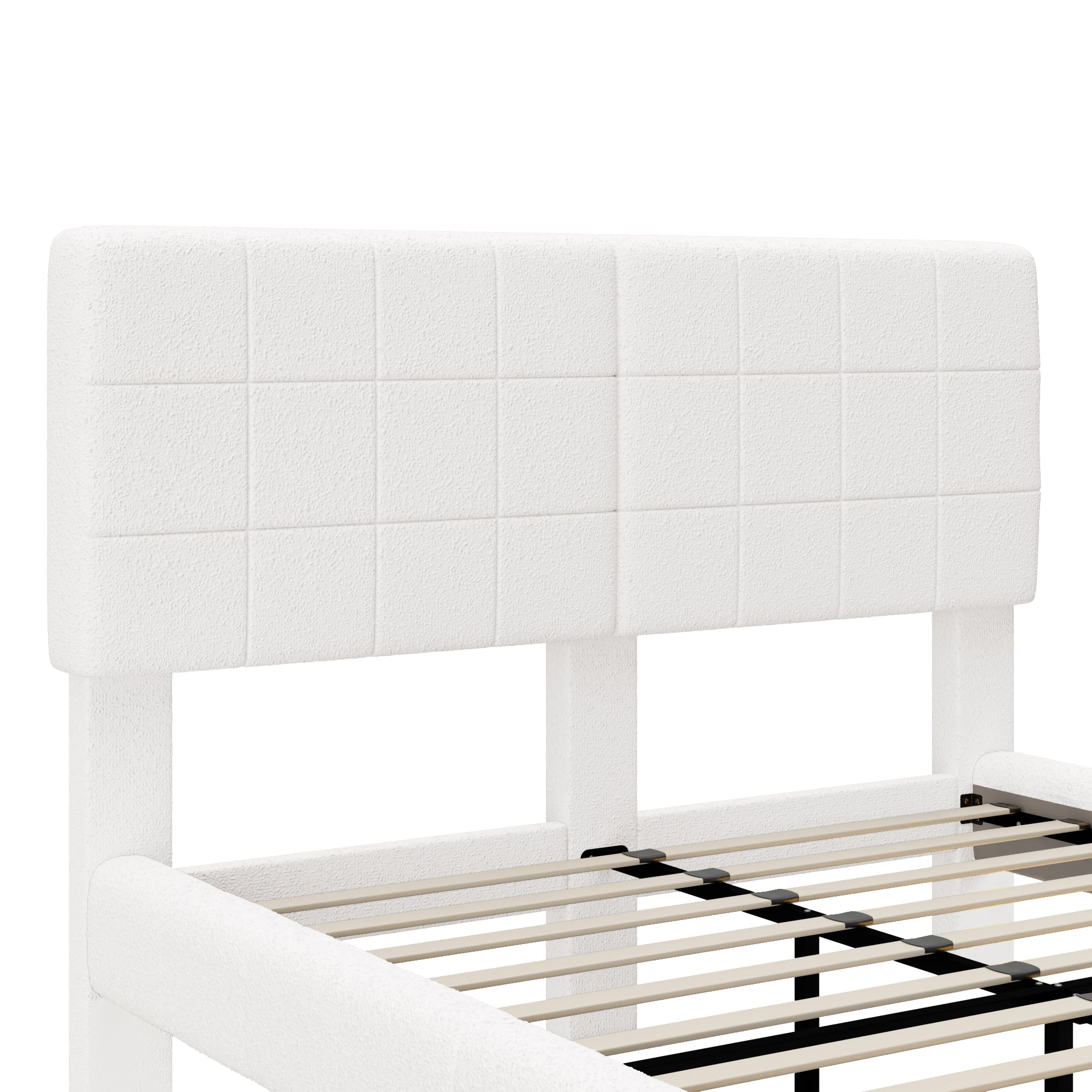 Mintazer Queen Size Floating Upholstered Platform Bed Frame with Grid Tufted Headboard and LED Lights, Boucle Fabric Bed for Bedroom, No Box Spring Needed, White