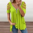 thumbnail image 2 of Solid Color Bright Green Womens Summer V Neck Zipper Top Short Sleeve T Shirt Off Shoulder Top Casual Classy Loose Shirts, 2 of 7