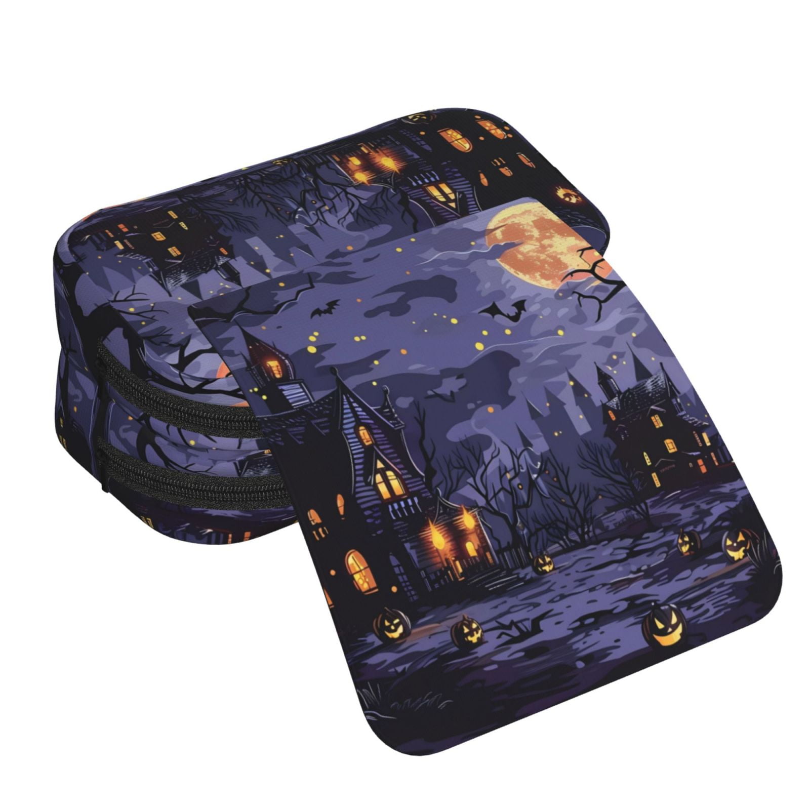 Rateoe Mystery House Halloween Night Pattern Double Clamshell Pen Case, Storage Organizer with Two Zipper Compartments– Holds Up to 50 Pencils & Pens