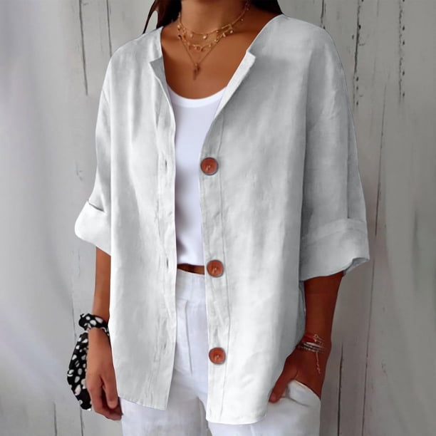 TaTaai Women's Summer Cardigan Top V-Neck Long Sleeve Linen Cotton Blend Button Front Loose Fit Casual Blouse Gift
