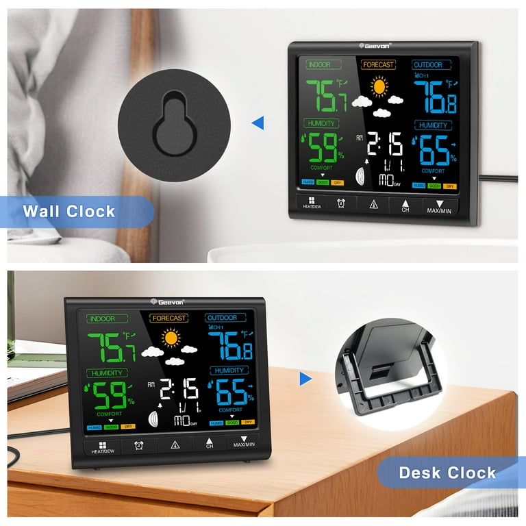 Geevon Draadloze thermometer voor binnen en buiten, met 3 externe sensoren, digitale hygrometer, binnenthermometer, temperatuur-vochtigheidsmonitormeter met een bereik van 60 m