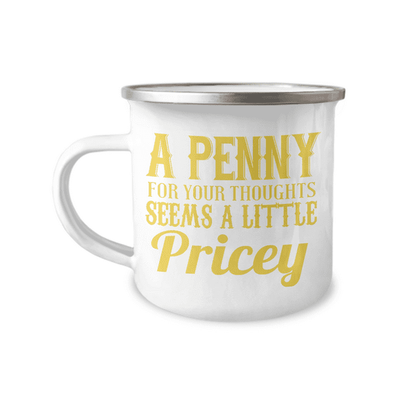 A Penny For Your thoughts Seems A Little Pricy, Funny Coffee Mug-12 oz Stainless Steel Enamel Finish White Camper Coffee Mug
