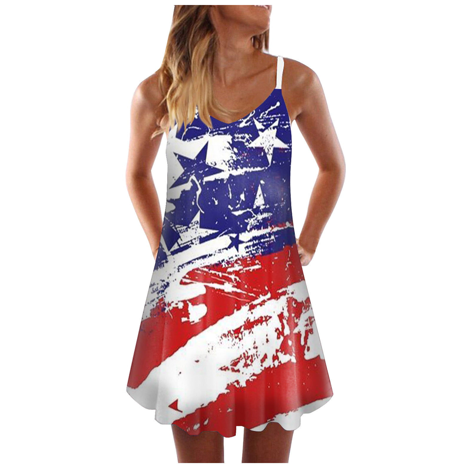 Woman Backless dress Stars Stripes USA Flag Printed Spaghetti straps dress S-XL