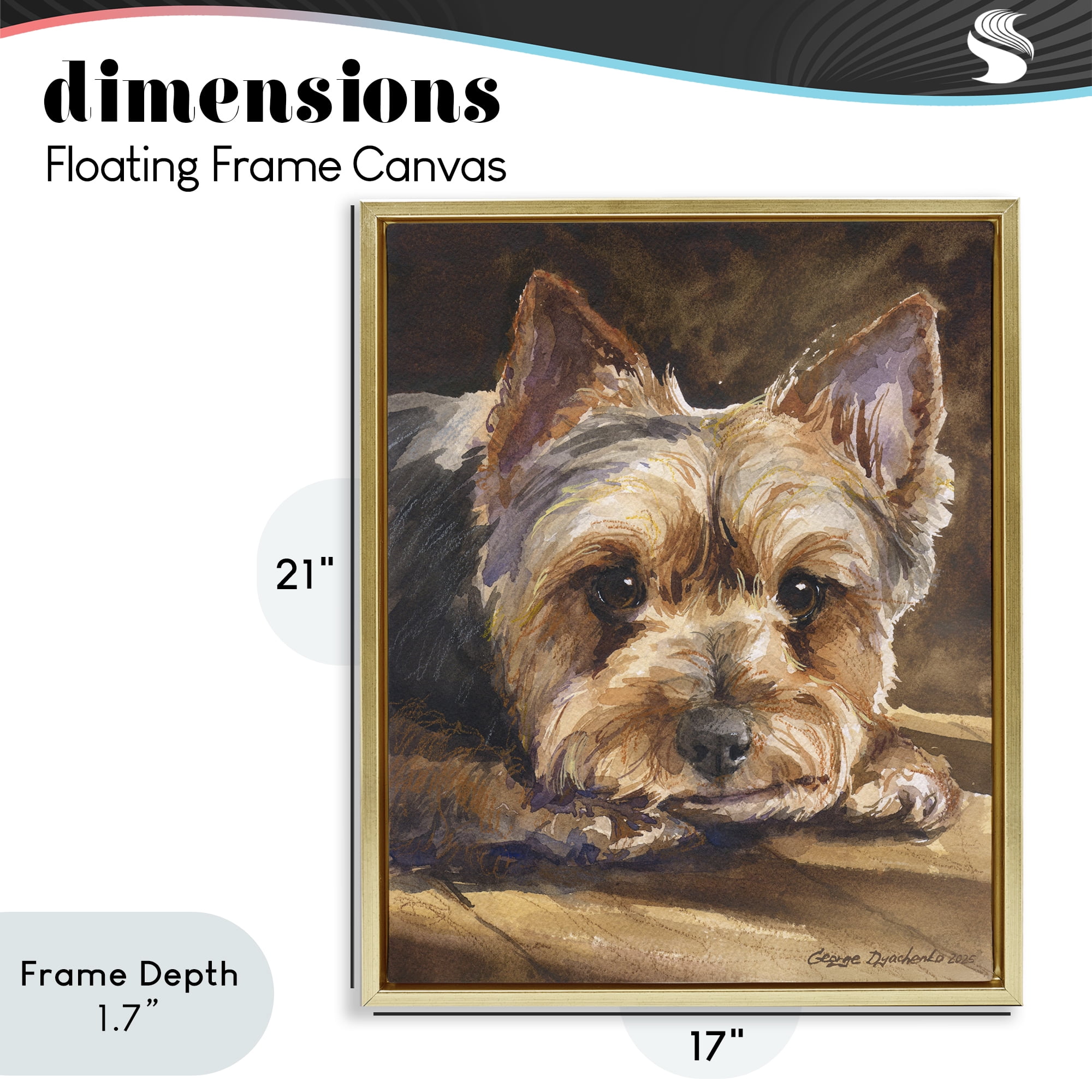 Stupell Industries Yorkshire Terrier Portrait Gold Framed Floater Canvas Wall Art, design by George Dyachenko