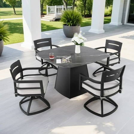 5PCs Outdoor Pedestal Dining Set, 44" Sintered Stone Table with Flared Base and 4 Swivel Rockers with Sunbrella Cushions