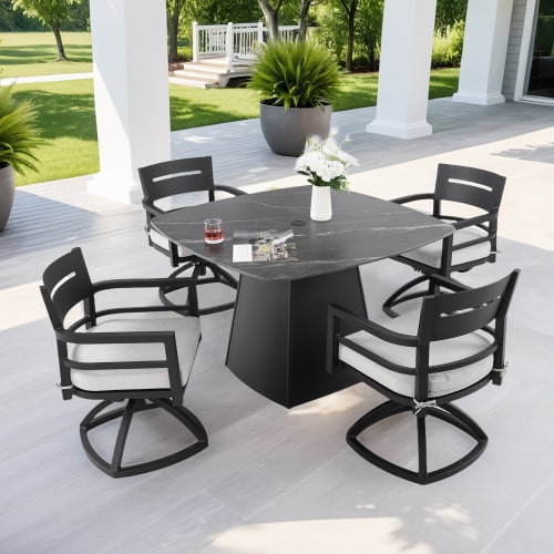 5PCs Outdoor Pedestal Dining Set, 44" Sintered Stone Table with Flared Base and 4 Swivel Rockers with Sunbrella Cushions