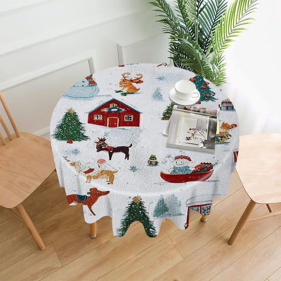 RKSupls 60 Inch Round Tablecloth, Christmas Village Pattern Premium Polyester Straight Edge Wrinkle Resistant Washable Table Cover for Party Home Dining Decor