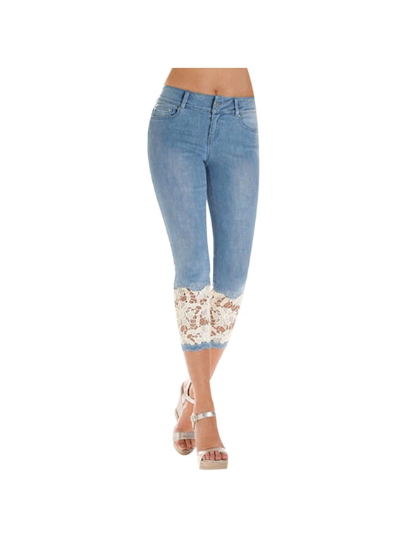 Womens Capris Jeans Clearance Lace Bib Pants Coverall Cropped Pants Mesh Pants ,Blue,S