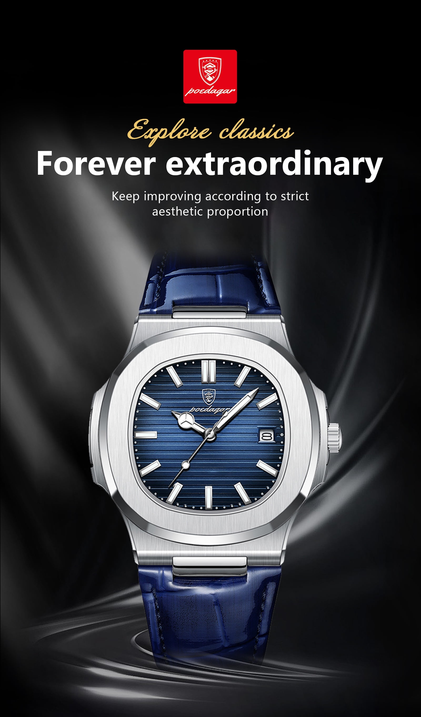 POEDAGAR New Luxury Quartz Watch for Men Leather belt Sports Waterproof Luminous Date Fashion Square Men's Watches