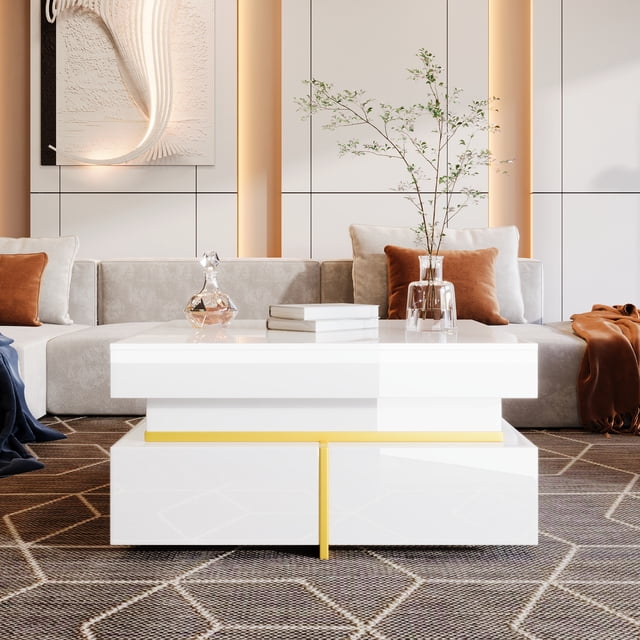 Table Basse Carrée de 27,5 Pouces avec Tiroirs de Rangement, Table Basse Moderne à Fini Très Lustré pour Salon, Salle de Réception, Bureau, Blanc