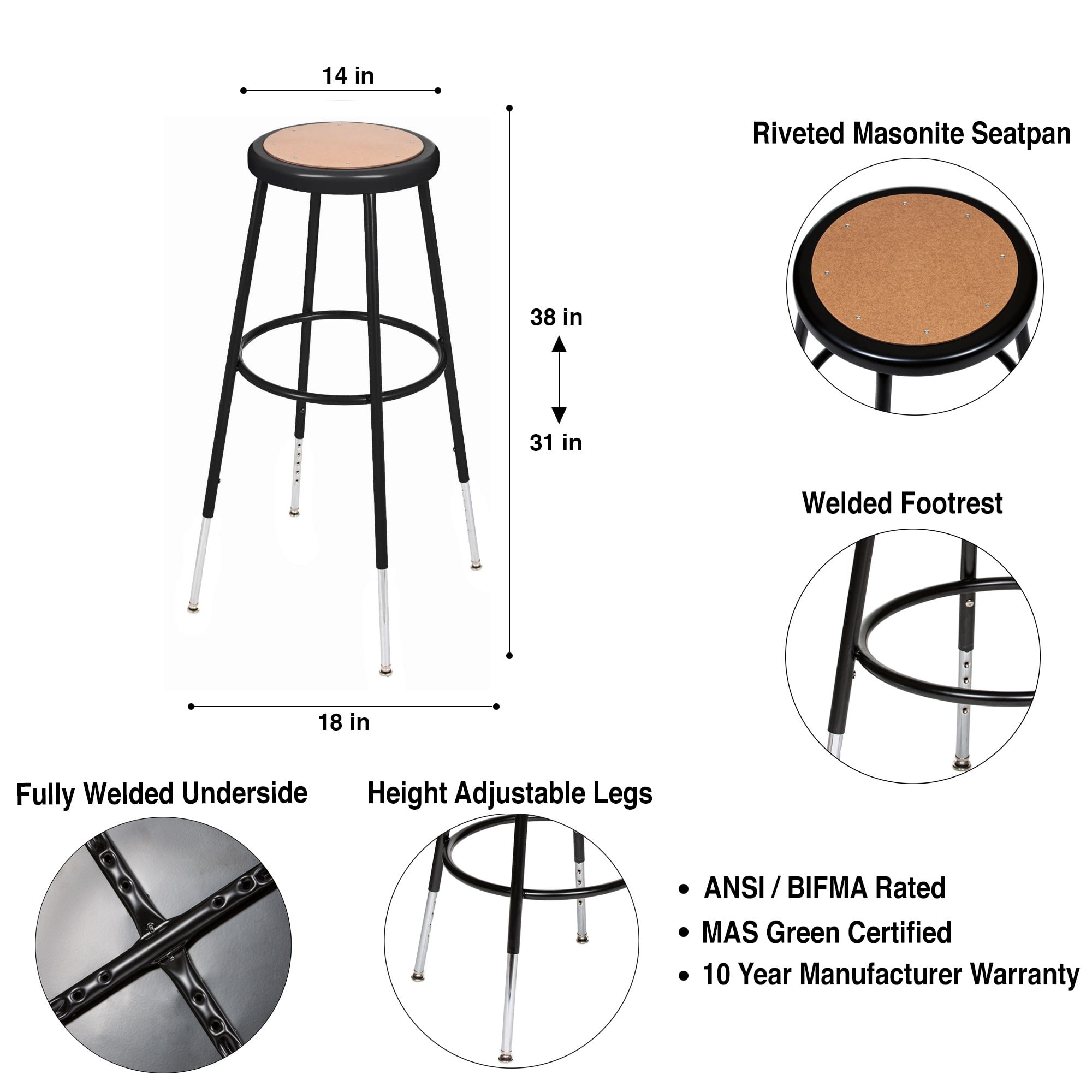Hampden Furnishings Flynn Collection 32"-39" Adjustable Masonite/Steel Stool, Black, 2 PK
