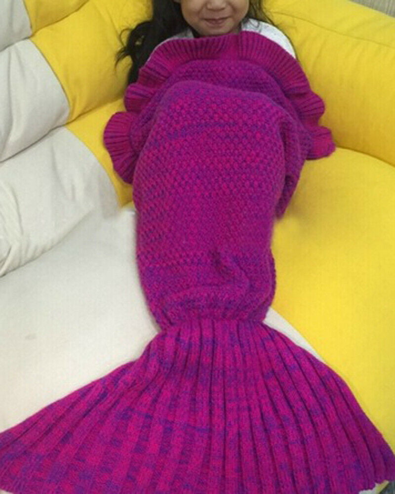 Knitted Mermaid Tail Blanket Crochet Leg Wrap Kids Child Dark Blue 130X60Cm 