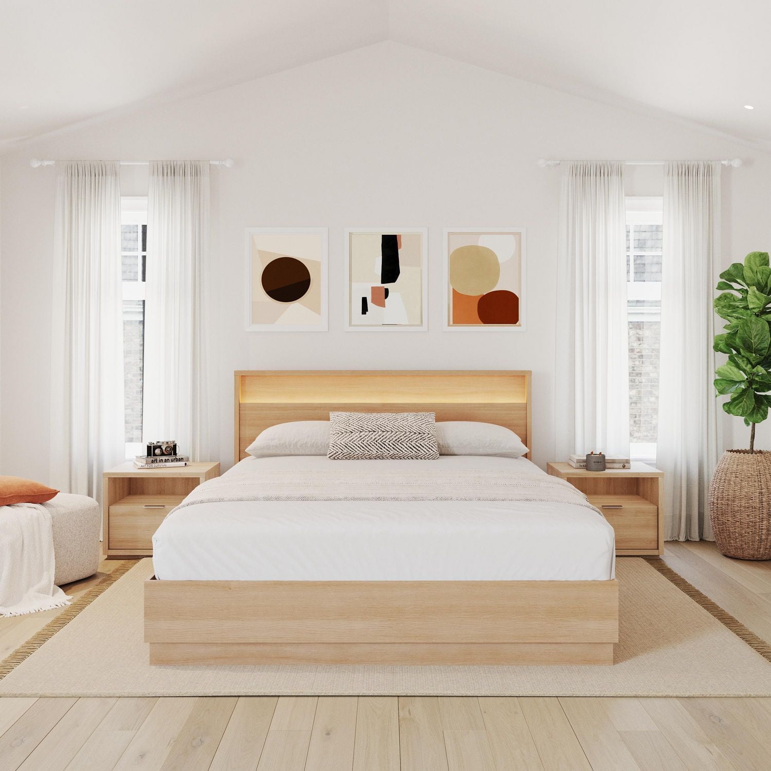 Harlow 4 Piece Queen Size Bedroom Set with Slatted Bedframe, Headboard with Integrated Light, 2 Nightstands