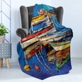 thumbnail image 4 of Country Soft Flannel Fleece Blanket, Folk Art Style Paint of Boats on Shore at Golden Yellow Sunset Cruising by the Sea, Cozy Plush for Indoor and Outdoor Use, 70" x 90", Multicolor, by Ambesonne, 4 of 5
