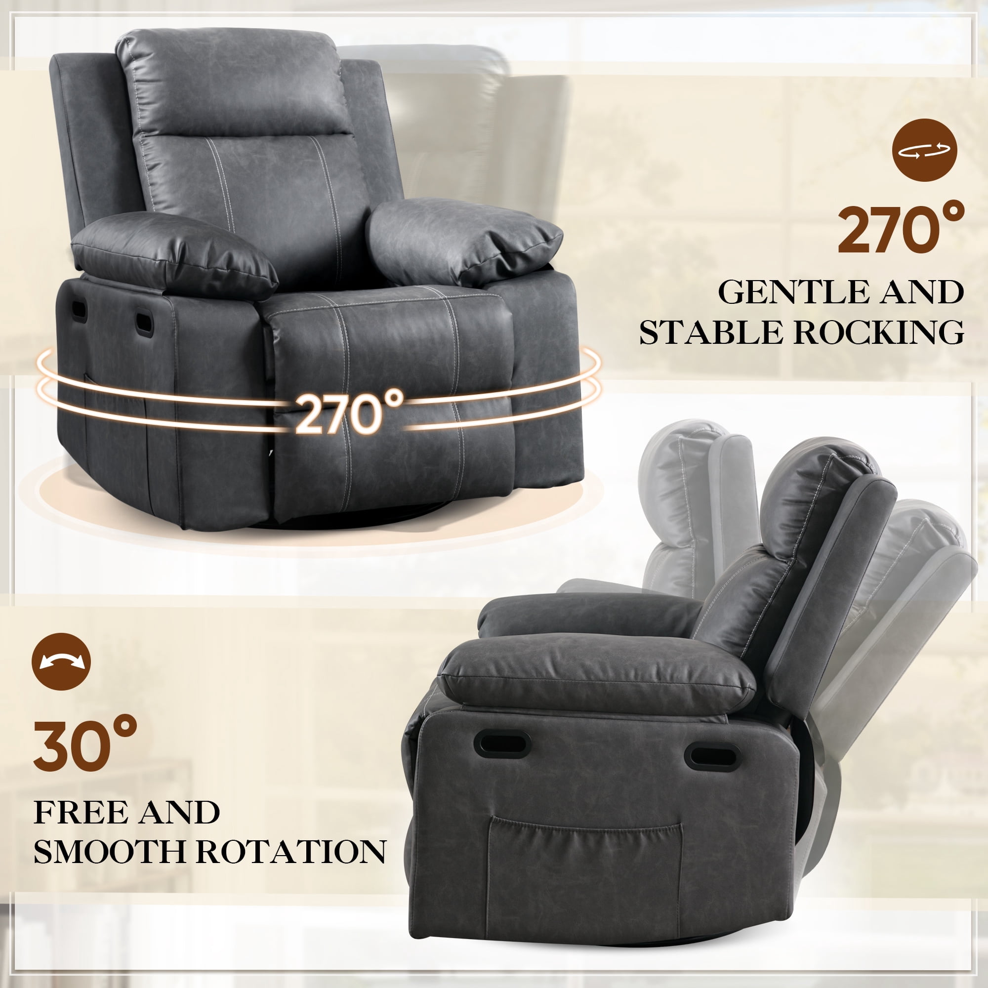 Dinosisco Swivel Rocker Recliner with Heat and Massage, Power Recliner Lounge Chair for Living Room, Gray Faux Leather