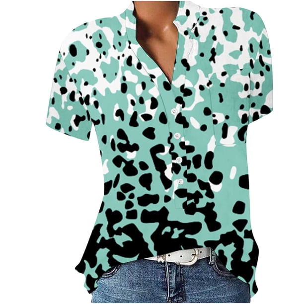 Tops de impresión de botones de bolsillo de manga corta de ocio con cuello en V de verano para mujer OAVQHLG3B Store lin121212
