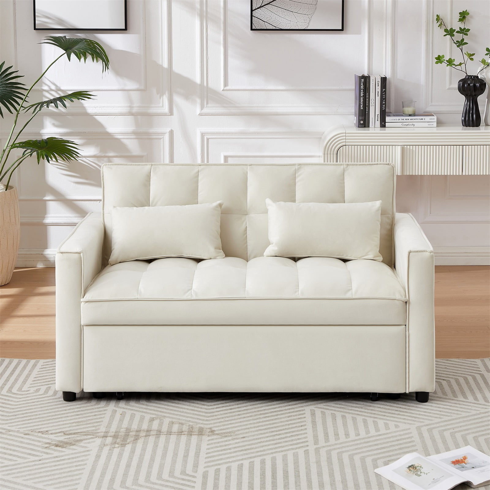 Hommoo Modern 3 in 1 Convertible Sleeper Sofa Bed, Pull Out Loveseat Couch Futon Sofa Bed with 3-Level Adjustable Back, Beige