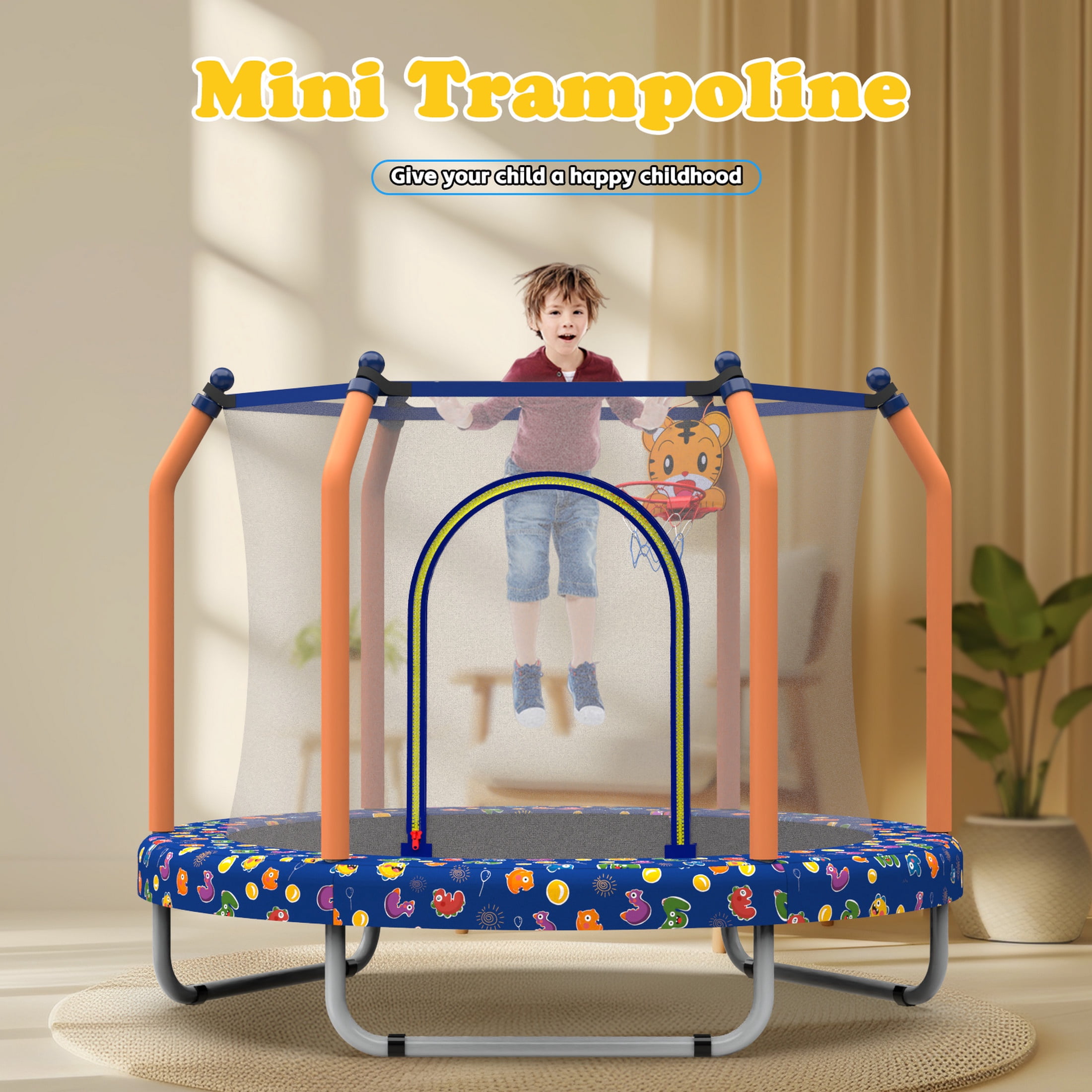 Toddler Trampoline with Basketball Hoop on Clearance for Kids, SEGMART 55" Kids Round Trampoline with Enclosure Net, Heavy Duty Outdoor Recreational Small Trampoline with Ball, Gift for Boys Girls