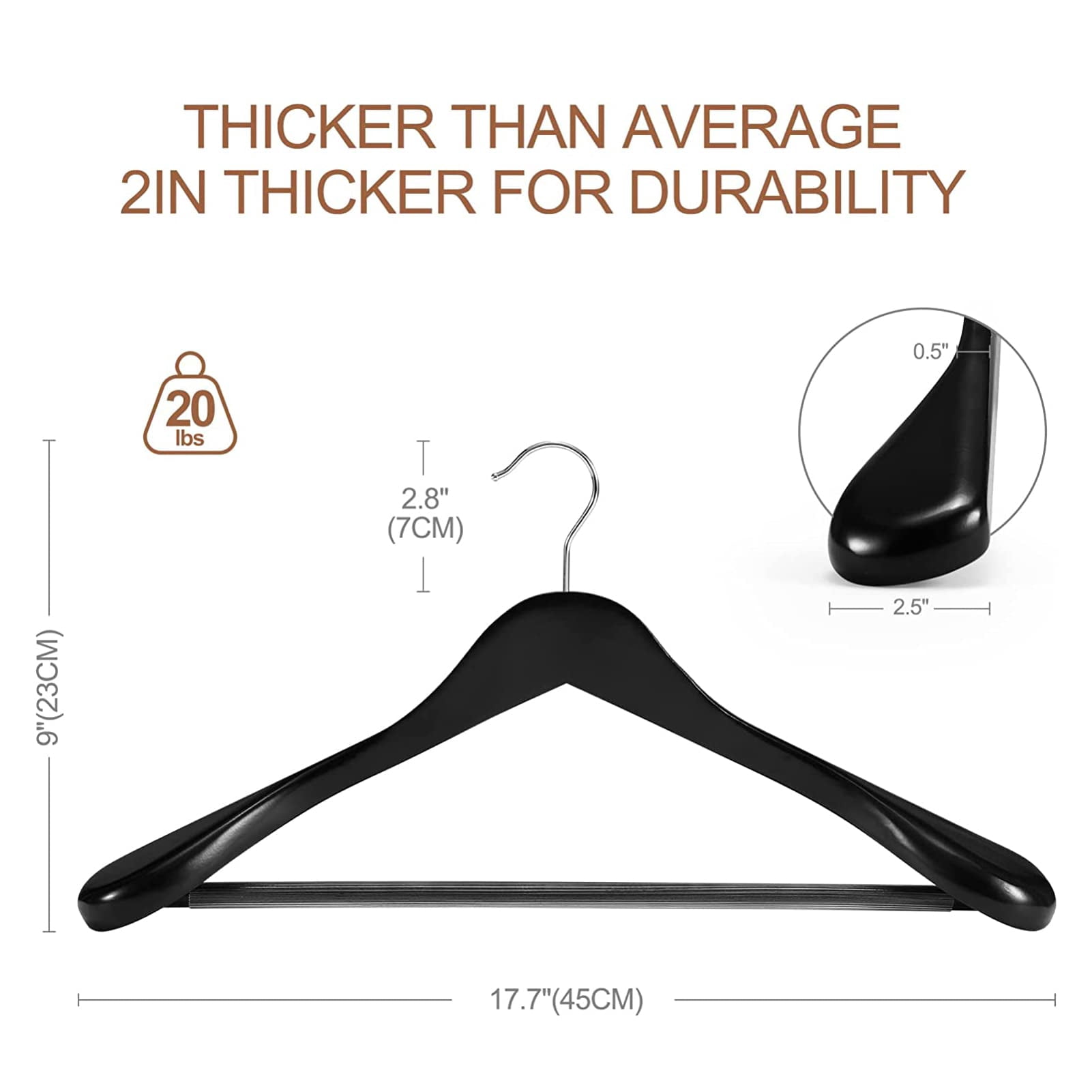 Wide Wood Clothes Hangers, Wooden Hangers for Clothes, Suit Hangers for Men, 6 Pack, Black