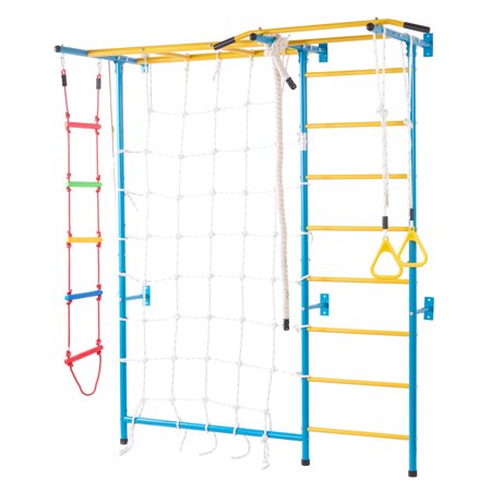 VEVOR Indoor Jungle Gym for Toddlers, 7-in-1 Climbing Playset with Carbon Steel Swedish Ladder, Wall Ladder, Pull-Up Bar, Rope Ladder, and Gymnastic Rings, Supports 220 lbs, Multicolor