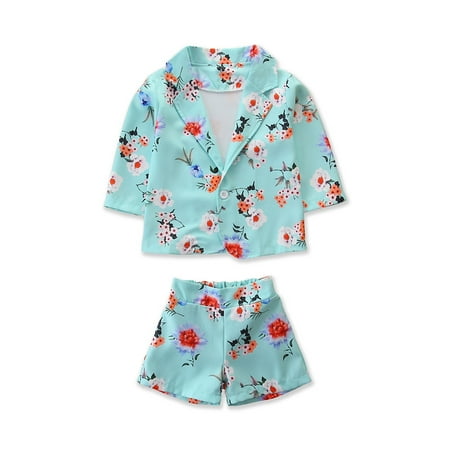

Toddler Kids Baby Girls Clothes Floral Single Button Jackets Tops + Shorts 2pcs