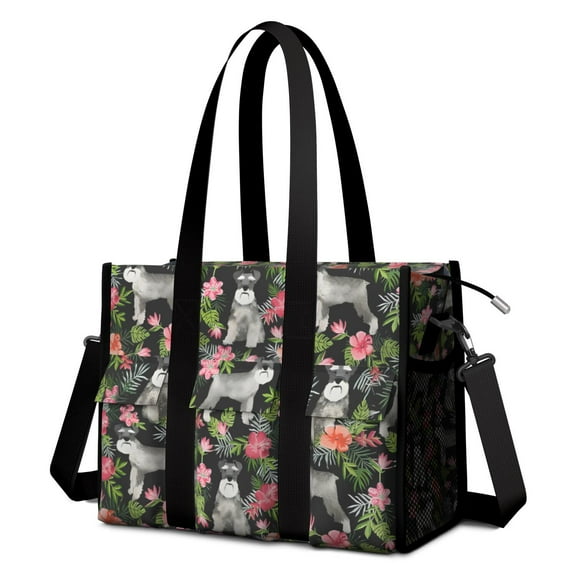 Teacher Tote Bag,Schnauzer with Pioneer Flower Teacher Utility Tote Bag,Large Work Tote Bags for Women with Multiple Pockets,Top Zipper Closure,13.8x10.6x6.7 Inch