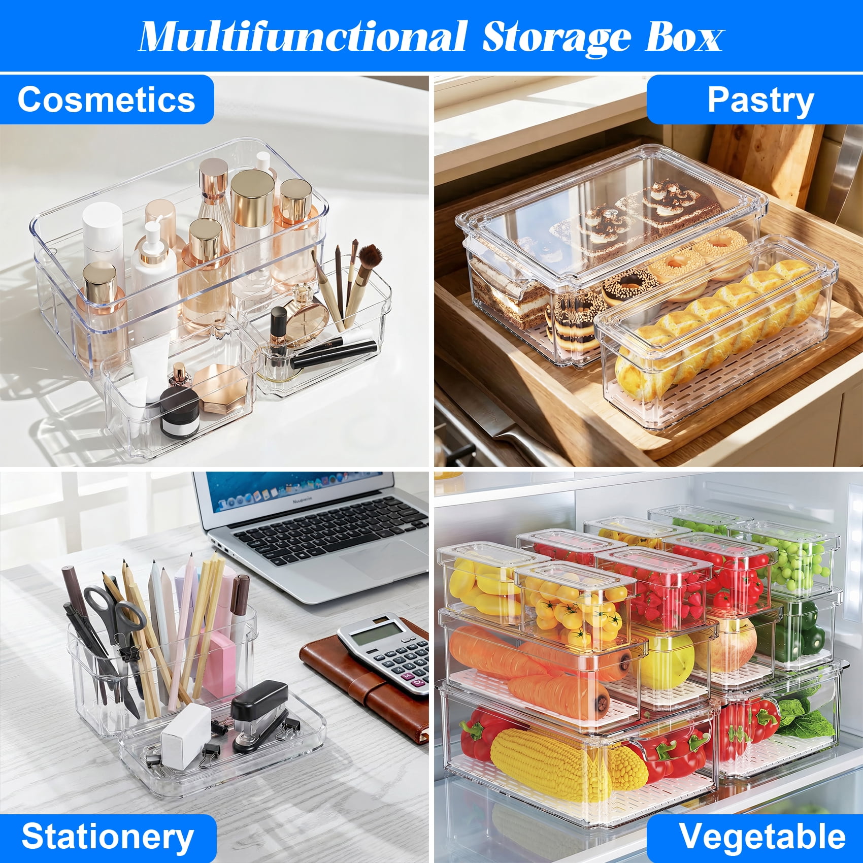 14 Pack Clear Fridge Organizers with Lids, Stackable Food Storage Containers with Drain Board, Kitchen Produce Saver for Fruit, Vegetable and Meat