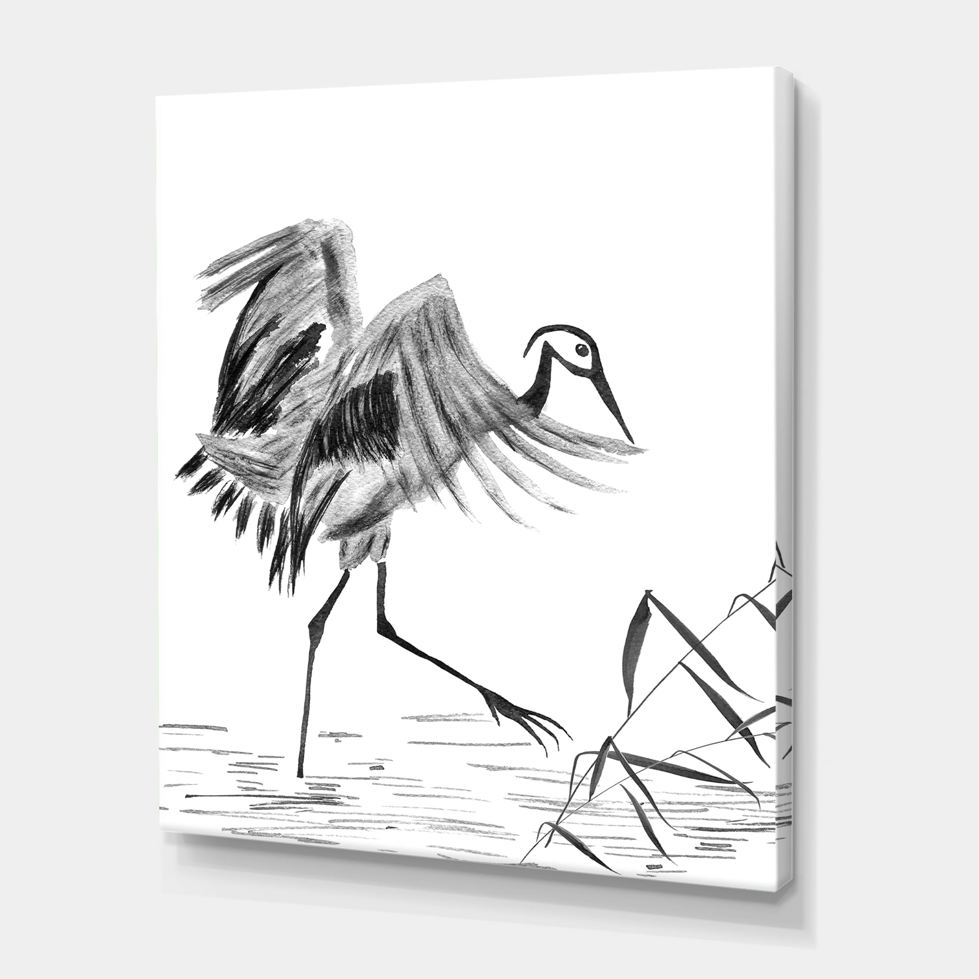 Designart ' Monochrome Japanese Oriental Crane Bird ' Traditional Canvas Wall Art Print