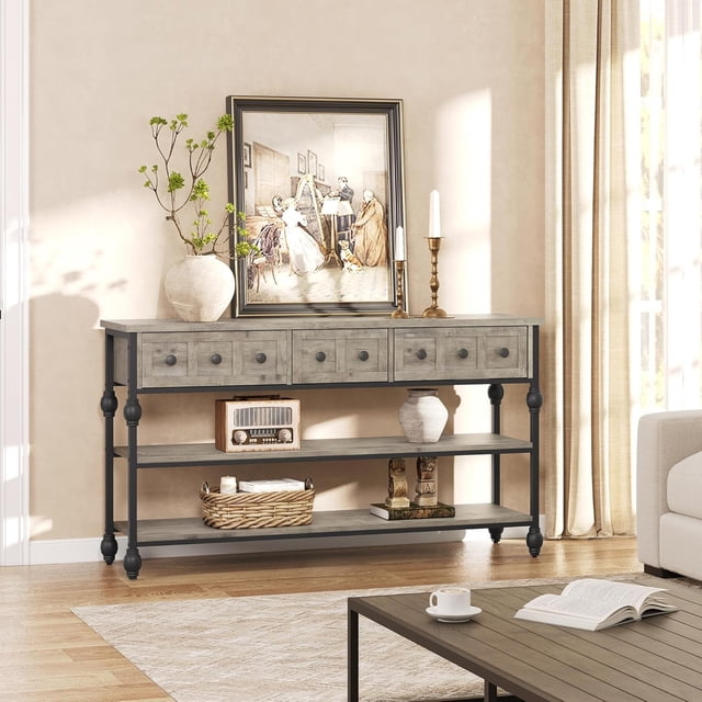 IdeaHouse Console Sofa Table 53 in, Entryway Table with 3 Drawers, 3 Tier Metal Sofa Table, Open Shelf Behind Couch Table for Hallway, Living Room, Roman Column Design, Grey