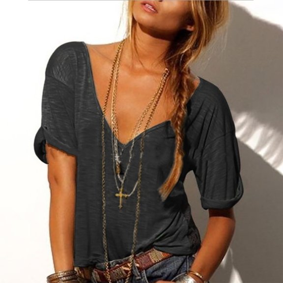 womens Tops for $5 Tops For Women Women Summer Fashion Loose V-Neck Solid Casual Short-Sleeve Tops