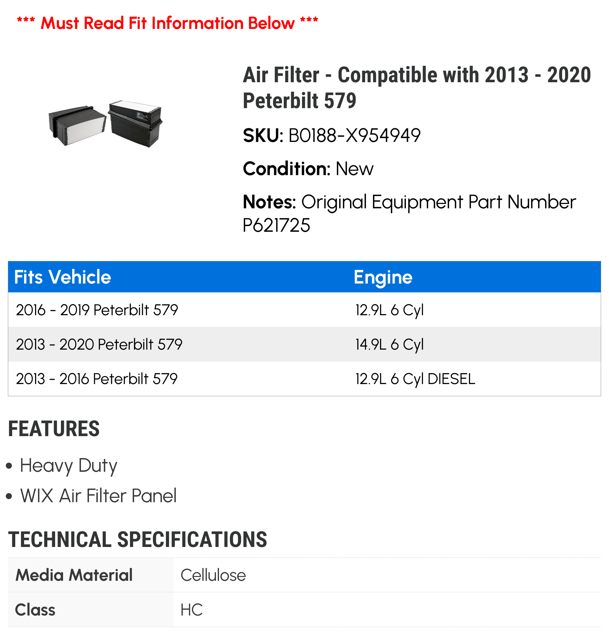 Air Filter - Compatible with 2013 - 2020 Peterbilt 579 2014 2015