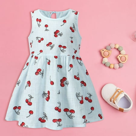

Aayomet Dresses For Girls Summer New Small And Medium Girl Cotton And Linen Cherry Printed Sleeveless Vest Dress Sky Blue 5-6Years