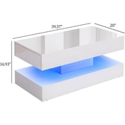 ChVans 39.37 White LED Coffee Table with 2 Storage Drawers, Modern High Gloss Coffee Table with 20 Colors LED Lights & APP Control, 2 Tiers Rectangle Coffee Table Large Living Room Furniture
