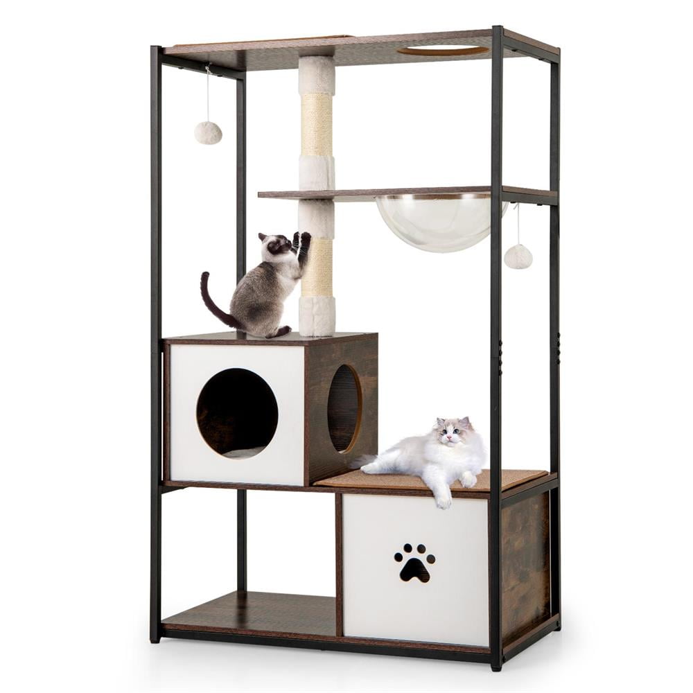 Topcobe 52" Tall Wooden Cat Tree Metal Frame w/2 Condos & Cushions, Cat Condo, Cat Towers for Indoor Cats-Coffee