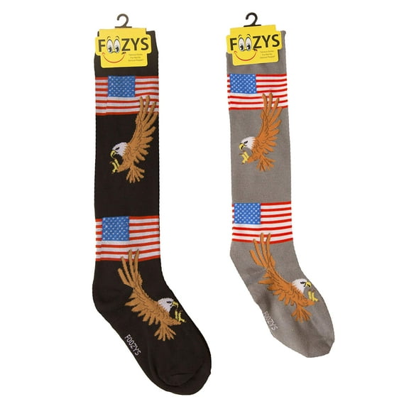 Foozys Women’s Novelty Knee High Socks | American Eagle and Flag (FK-35) Cute, Fun and Makes a Great Gift! |Two Pair (One Black & One Grey) | Women’s US Shoe Size 4-10