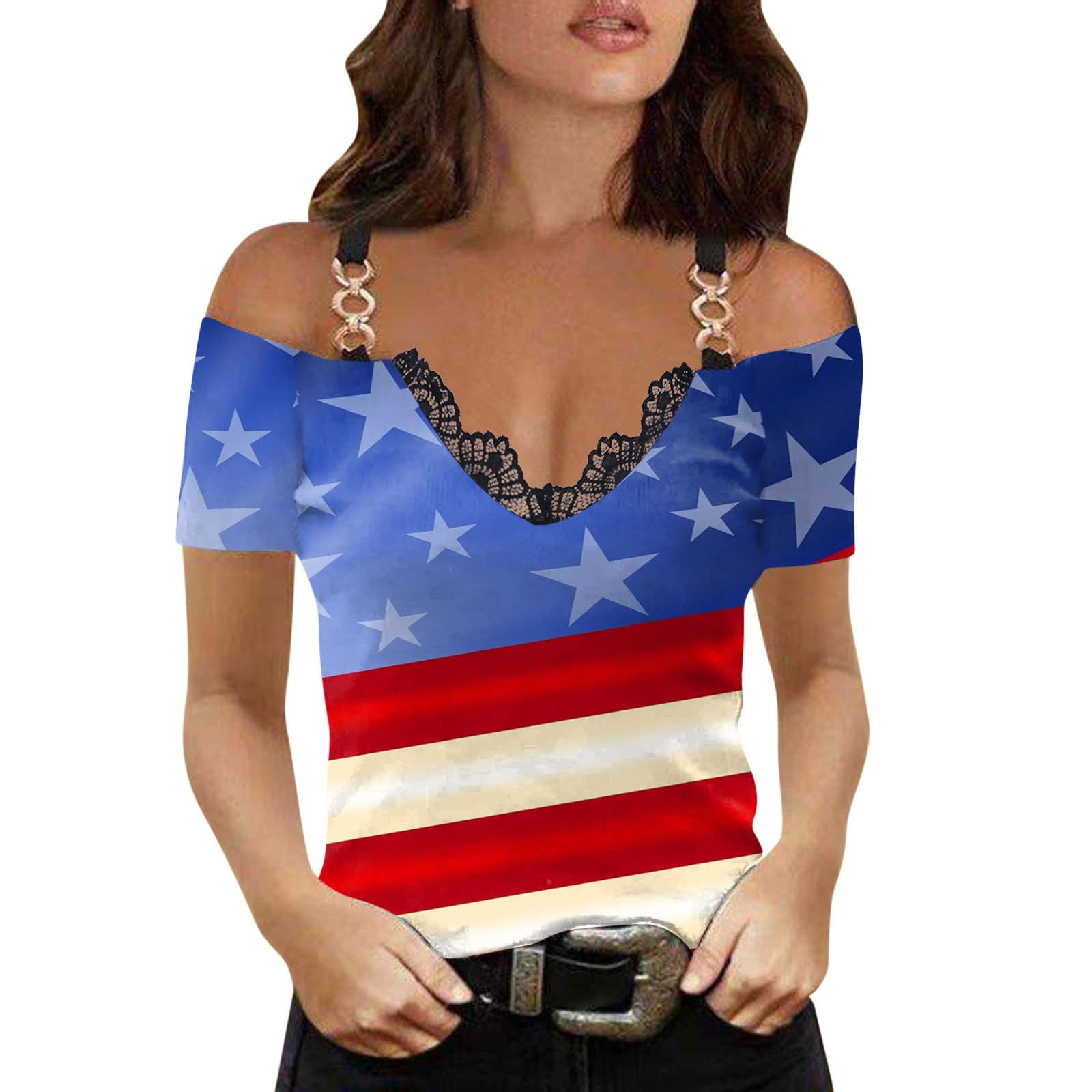 Usupdd 4th of July Shirts for Women American Flag Shirt Basic V Neck Tank Tops Tunic Sleeveless Yoga Workout Summer Tank Tops 