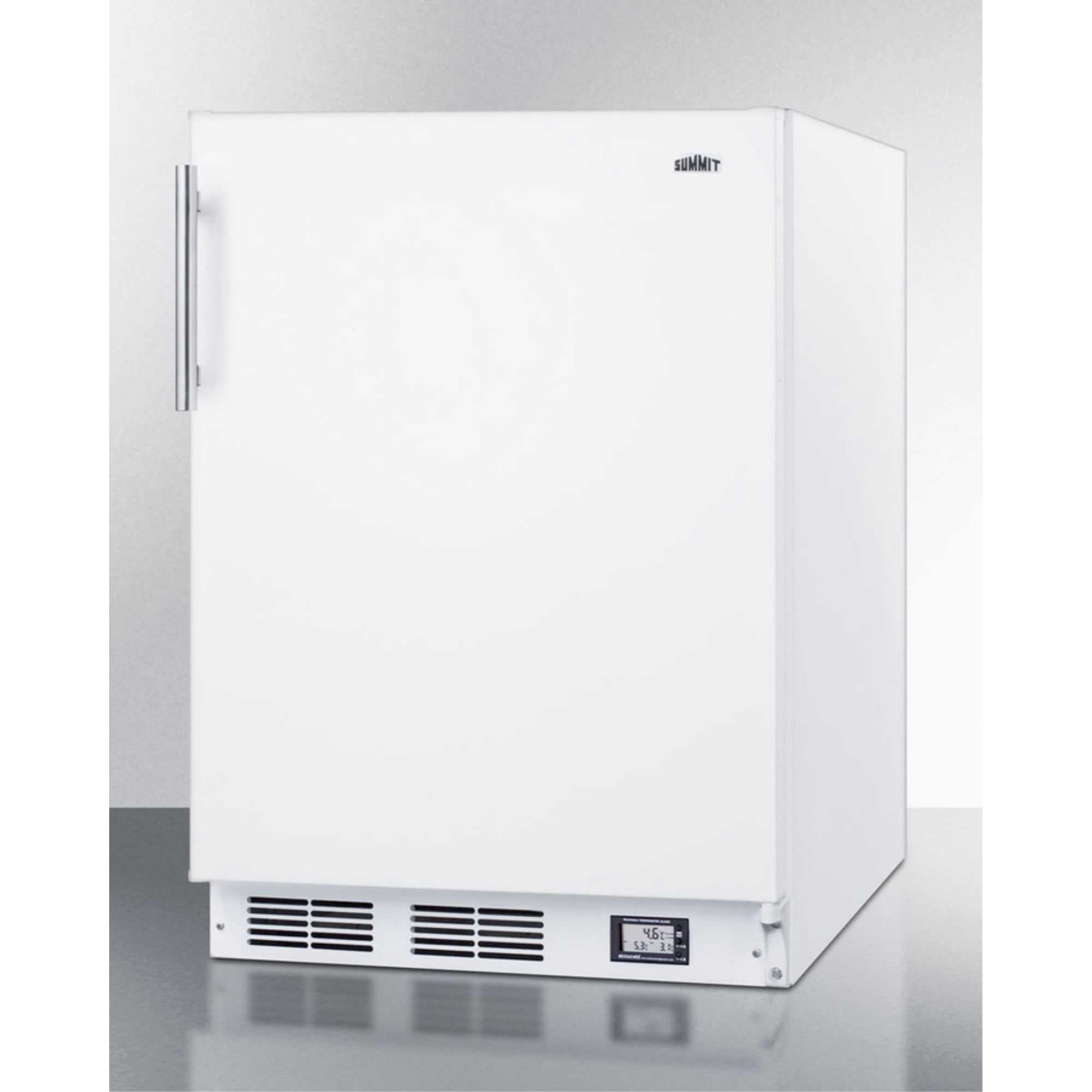Built-in undercounter ADA compliant break room refrigerator-freezer in white with NIST calibrated thermometer and alarm