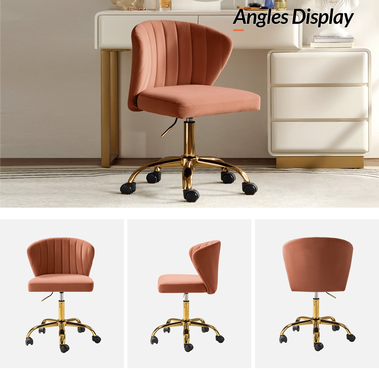 Tina's Home Coral Velvet Swivel Office Chair with Gold Legs, Adjustable Height Rolling Desk Chair for Vanity