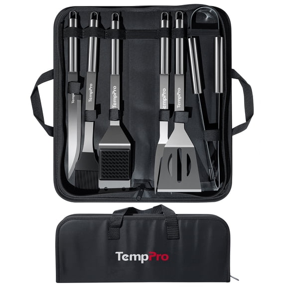 TempPro BBQ Grill Tool Set, 6-Piece Stainless Steel Grilling Accessories with Spatula, Tongs, Fork, Knife, Basting Brush, Cleaning Brush and Portable Storage Bag (Formerly ThermoPro)