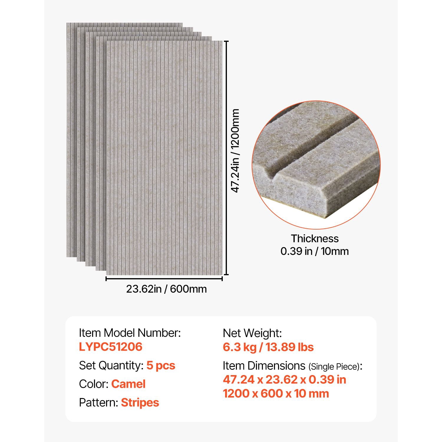 5 Pack Acoustic Panels with Self Adhesive, 47.2 x 23.6 x 0.4 inch Sound Proof Foam Panels, Polyester Fiber Soundproof Wall Panels High Density, for Home, Studio, Office, Theater, Camel