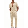thumbnail image 2 of RICHCOIN Men's 2 Piece Beige Summer Beach Button Down Shirt & Pant Outfit Set Size L, 2 of 7