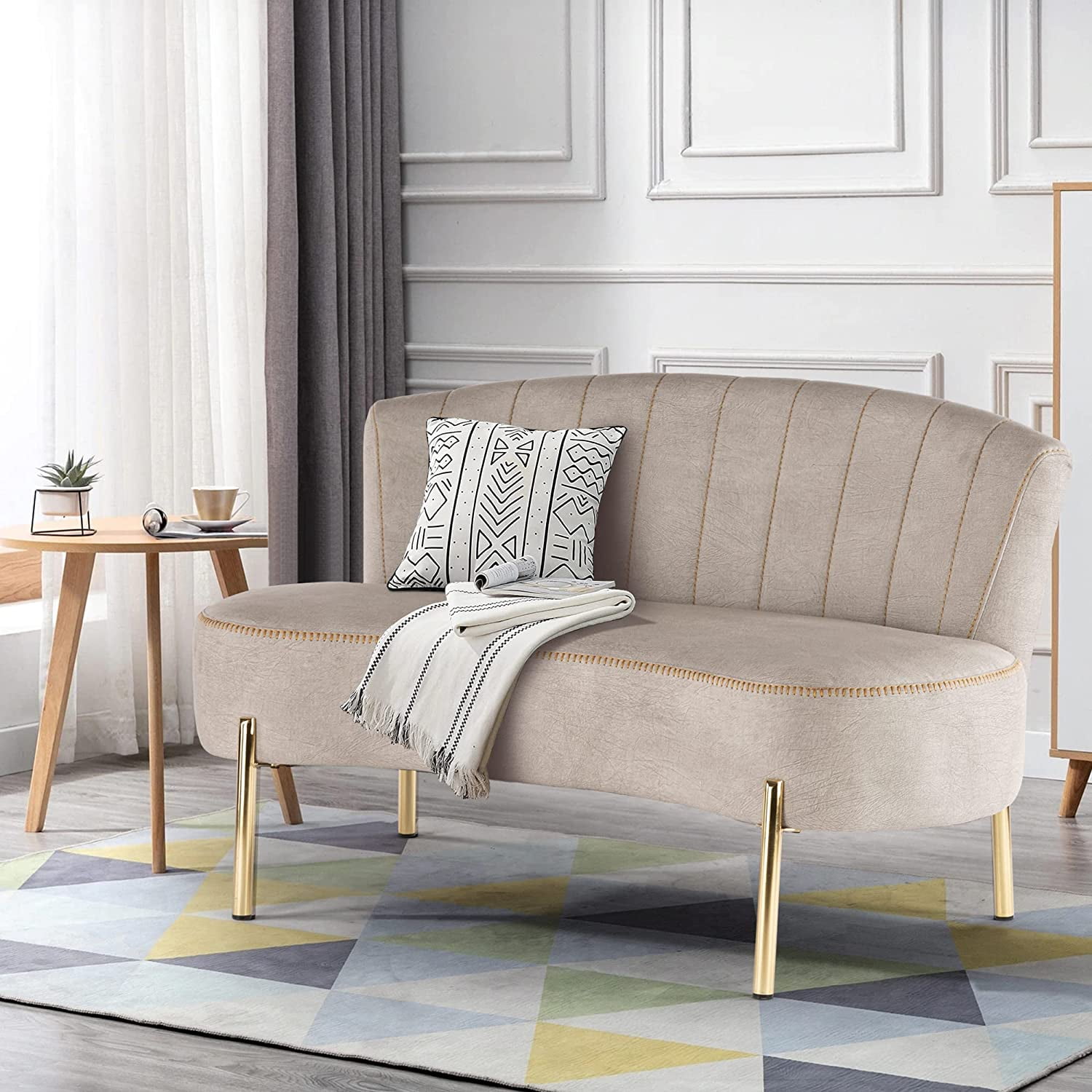 Andeworld Upholstered Small Sofa Couch Modern Loveseat Accent Ottoman