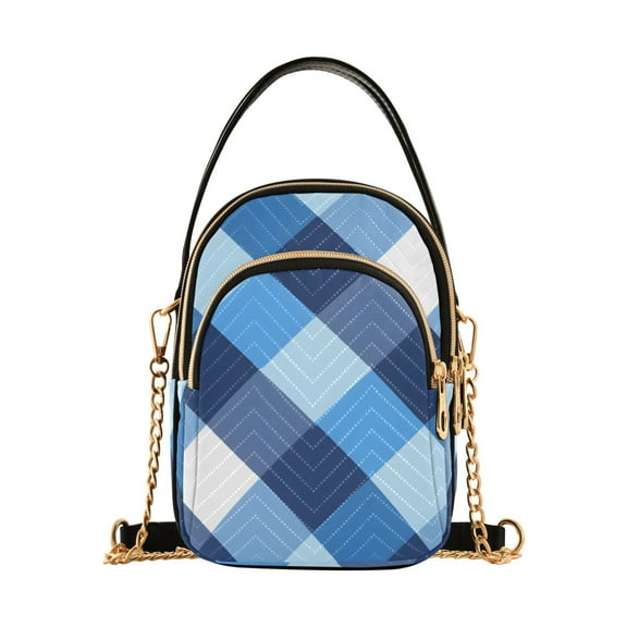 joogoo Women Blue White Checkered Grid Pattern Chain Crossbody Bags Shoulder Handbag Phone Purse